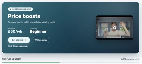 AiProfit's guided journey through matched betting, showing the recommended next step with a video and written guide