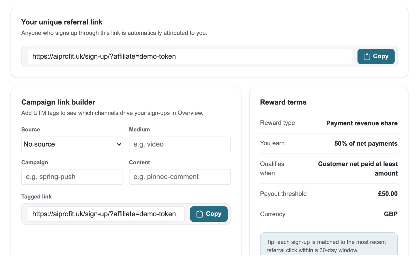 AiProfit affiliate referral link page showing the unique referral link and a campaign link builder with UTM source, medium, campaign, and content fields.