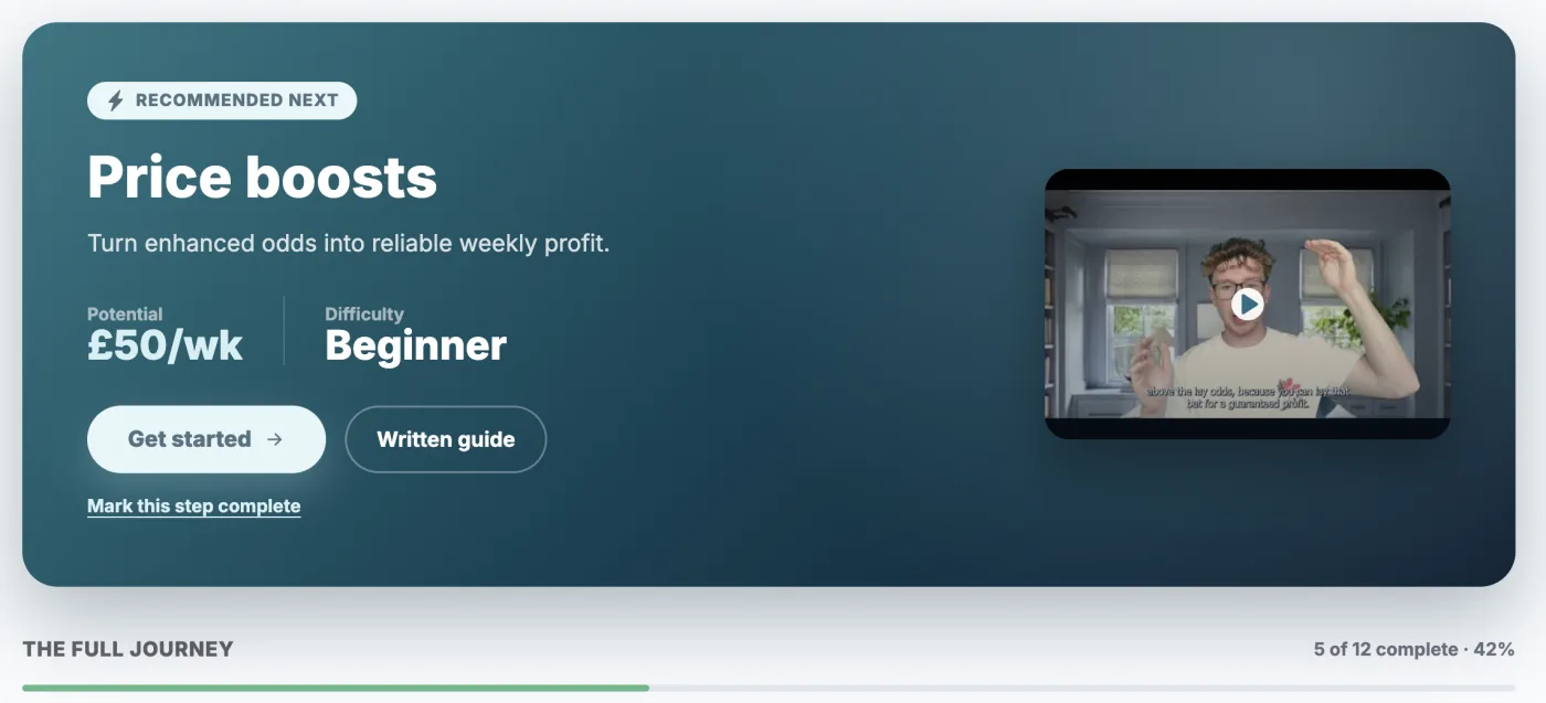 AiProfit's guided journey through matched betting, showing the recommended next step with a video and written guide